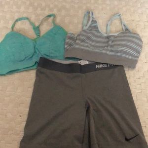 Two sports bra and Nike dry fit bike shorts